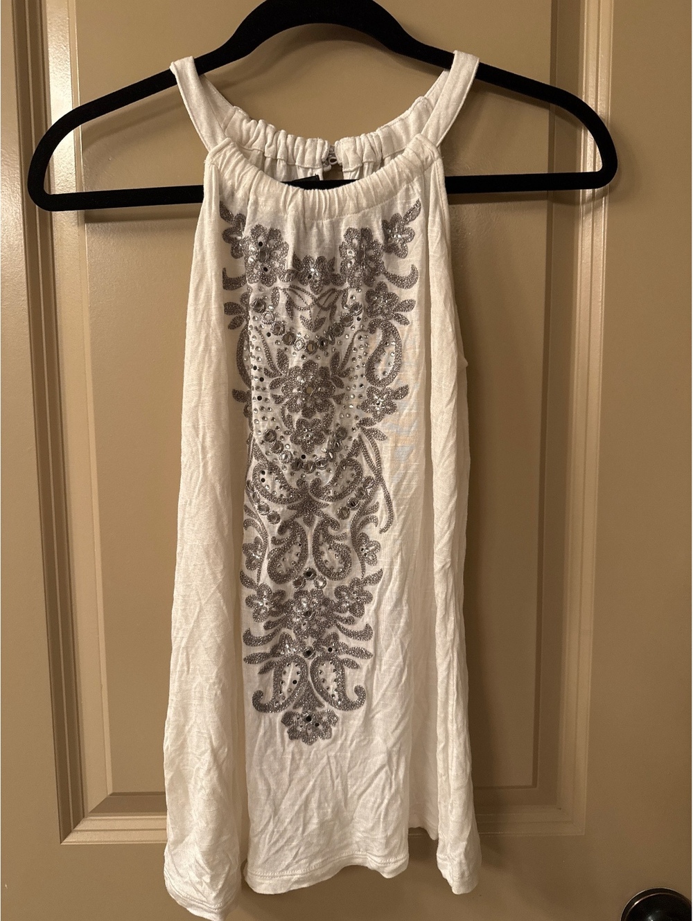 Inc International White Sleeveless Halter Top wSilver Embellished Floral Pattern